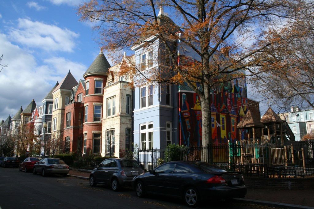 Mural and playground on a residential block